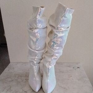 Iridescent White Knee-High Women's Boots